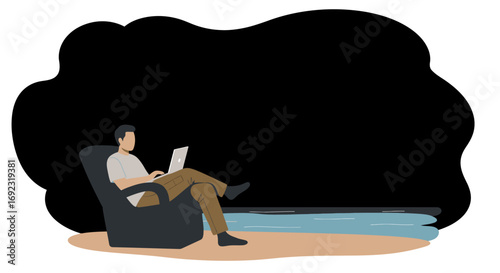 Man relaxing in an armchair by the beach, working on his laptop. Represents remote work, digital nomad lifestyle, and flexible productivity.