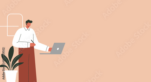 Professional man working remotely with laptop and stylus, illustrating remote work, freelance, and online education. Ideal for business, technology, and lifestyle concepts.