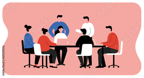 Diverse business team collaborating in a meeting, discussing strategy and ideas in an office setting. Ideal for corporate productivity and teamwork concepts.