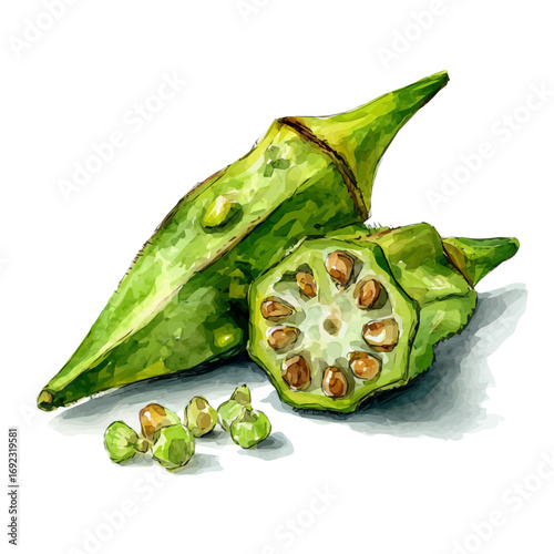 vector vegetables illustration and EPS format design. vector illustration, isolated on a white background, Mine Watercolor, Watercolor style painting of a cut okra pod showing seed