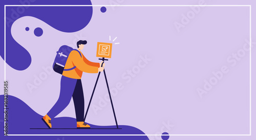 Travel photographer with a backpack and tripod camera, capturing moments. Ideal for concepts of adventure, content creation, or professional photography services.