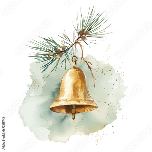 Christmas vector illustration and EPS format design. vector illustration, isolated on a white background, Mine Watercolor, Watercolor style painting of an elegant golden bell with a pine branch