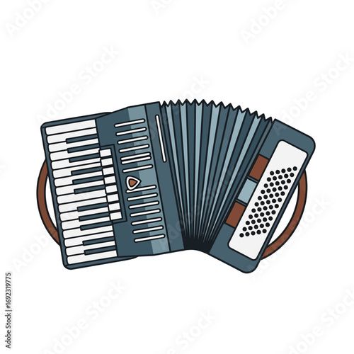 Illustration of a blue accordion with brown straps on a white background.