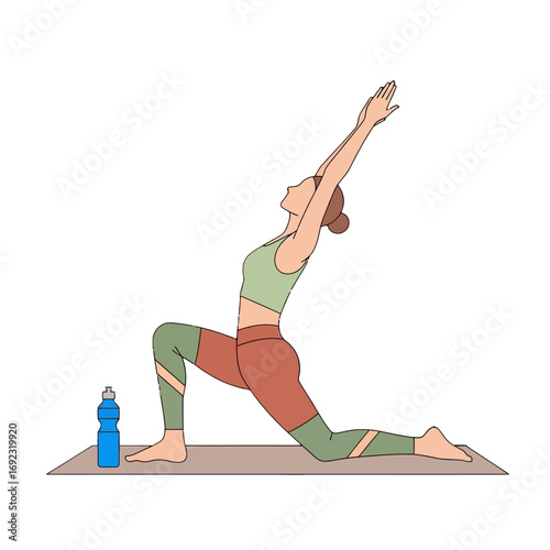 Illustration of a woman practicing yoga with a water bottle on a mat