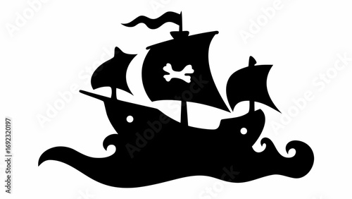 Silhouette of a pirate ship sailing on wavy water with a skull and crossbones on the main sail