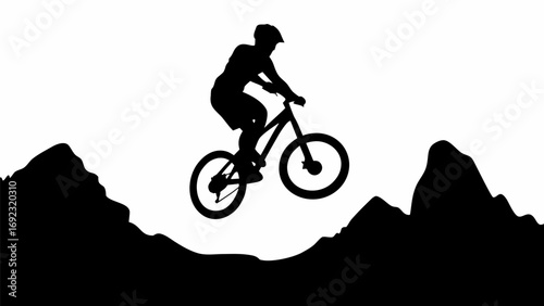 Silhouette of a mountain biker jumping between mountain peaks against a white background landscape view