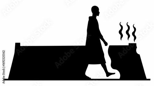 Silhouette of a person walking on a structure with smoke coming from a chimney like structure nearby