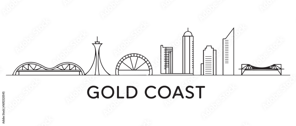 Obraz premium Gold Coast Line Art skyline horizontal banner. Gold Coast, Australia. Vector template for your design. with white background