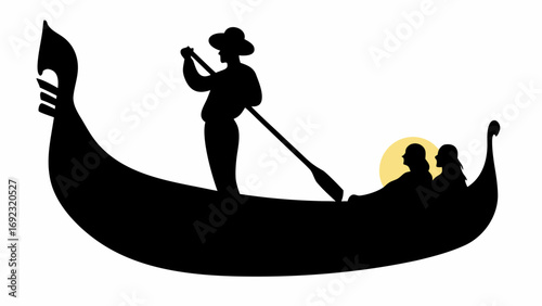 Silhouette of a gondola with a gondolier and two passengers against a sunlit background in black