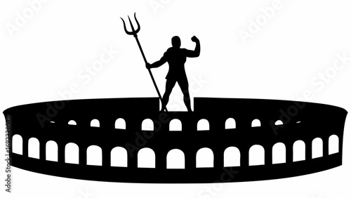 Silhouette of a muscular man holding a trident standing on top of a coliseum like structure design
