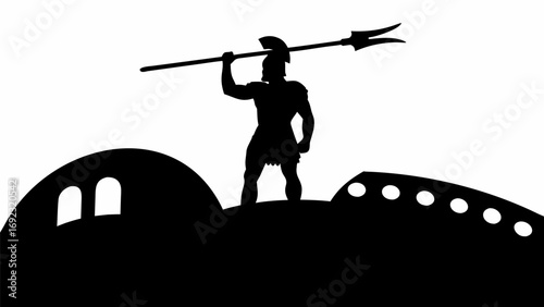 Silhouette of a warrior with spear on a hill with building and wall in black and white illustration