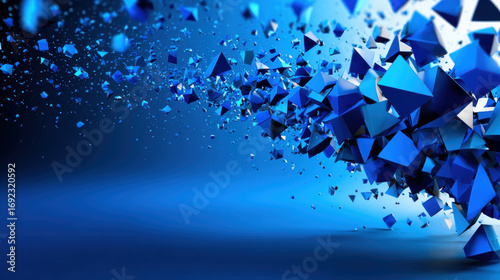Abstract blue geometric shapes floating in space create dynamic and futuristic digital background with sense of depth and motion