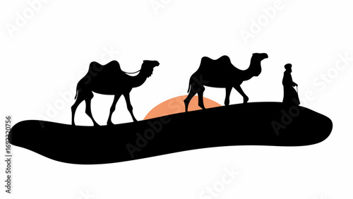 Silhouette of two camels and a person walking on a sand dune against a sunset background scene image