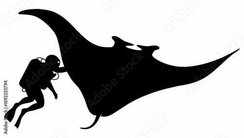 Silhouette of scuba diver swimming alongside a large manta ray in black and white illustration style