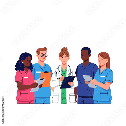 Illustration of a diverse group of medical professionals standing together with clipboards and tablets in a clean and simple style.