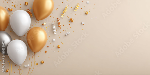 Golden and silver balloons with confetti and streamers on beige background create festive and elegant celebration atmosphere with sparkling decoration elements