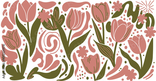 Elegant tulip floral illustration with modern abstract shapes and earthy tone color palette