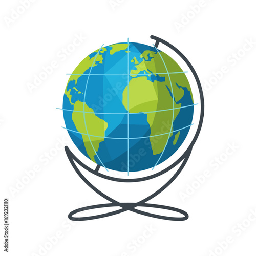 Graphic illustration of a colorful globe on a stand against a white background