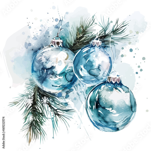 Mine Watercolor, hand-painted icy blue baubles with pine painting illustration, vector illustration, AI painting design, and EPS format design. vector illustration, isolated on a white background