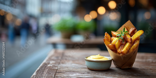 Fototapeta Naklejka Na Ścianę i Meble -  Rustic paper cone filled with golden crispy potato fries and small bowl of creamy sauce on wooden table