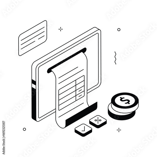 An isometric illustration showcasing a digital receipt being printed.