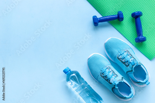 Fitness sports equipment flat lay. Healthy living and wellness concept