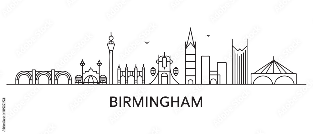 Obraz premium Birmingham Line Art skyline horizontal banner. Birmingham, United Kingdom. Vector template for your design. with white background