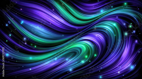 Abstract colorful swirling lines in blue, purple, and green create dynamic and vibrant cosmic flow with glowing light particles, evoking sense of energy and motion in space