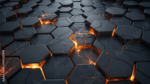 Dark grey hexagonal tiles with glowing orange lava cracks pattern texture