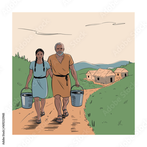 Biblical scene two figures carrying water buckets walking towards village landscape white background