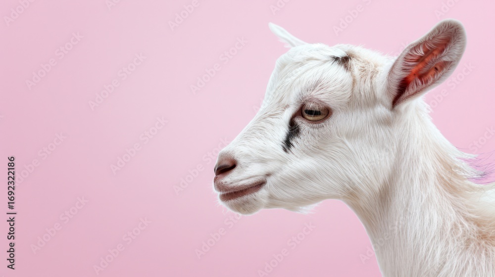 Fototapeta premium White Baby Goat with Black Markings on Face and Pink Background