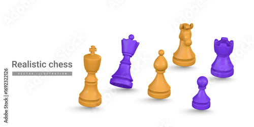 3D Realistic Chess Pieces in Bright Orange and Purple Colors on White Background, Representing Strategy, Power, and Leadership. Vector Illustration