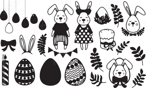 Easter Doodle Vector Set – Bunny, Egg, Holiday, Celebration, Spring, Decorative, Cute, Cartoon, Creative, Art, Illustration, Design, Black, Minimal, Collection, Icon, Symbol, Festive, Pattern