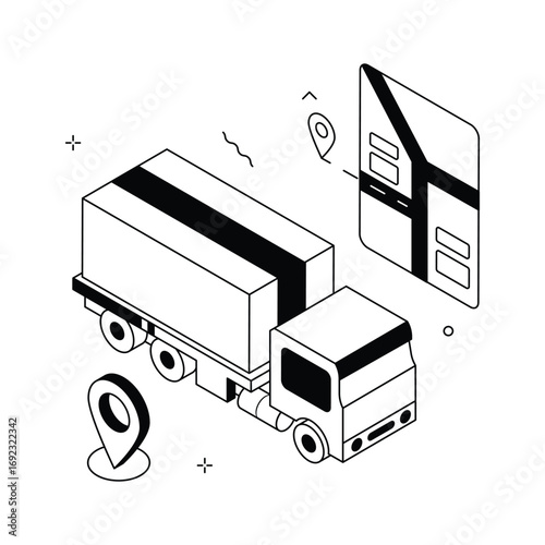 Modern delivery truck with gps tracking, delivery location isometric illustration