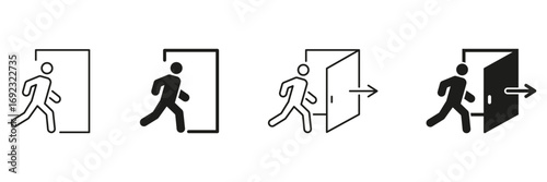 Exit Sign With Person Walking Through Door Icon Set. Emergency Exit, Safety, And Evacuation Route Symbol Collection. Directional Guidance And Wayfinding. Isolated Vector Illustration