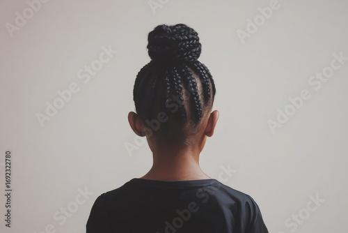 Back view of a child with an elaborate braided hairstyle, highlighting the artistry and cultural significance of hair braiding