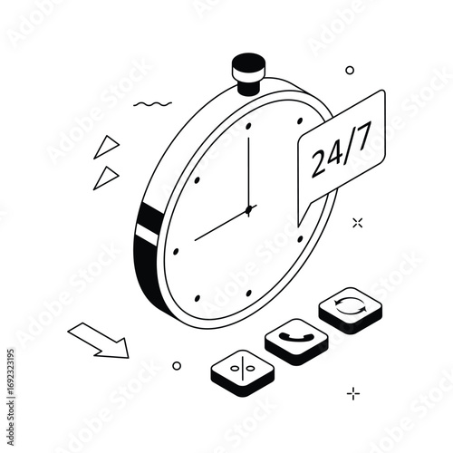 Isometric illustration of 24, 7 availability concept with stopwatch and support icons