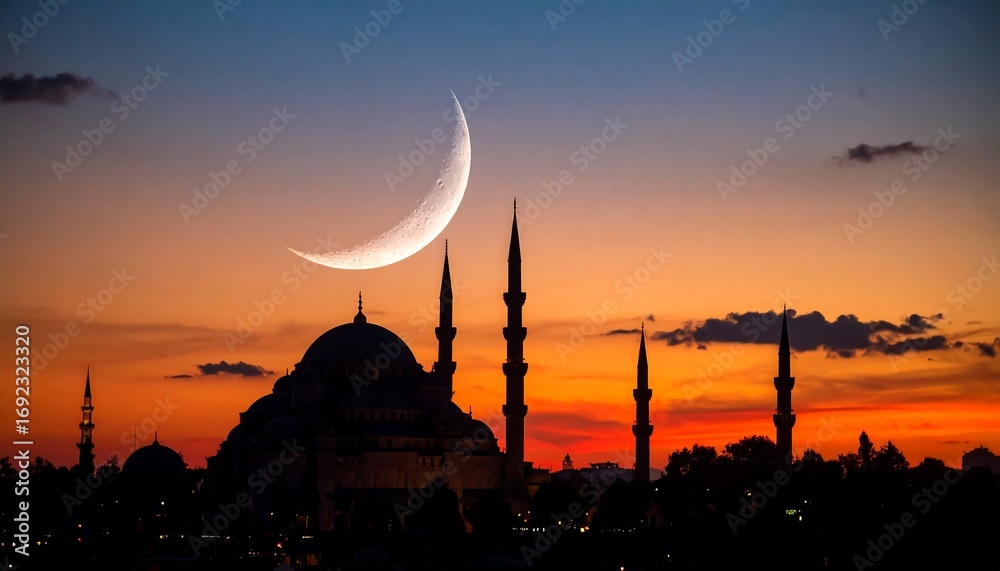 Fototapeta premium Silhouette of mosque at sunset with crescent moon (1)