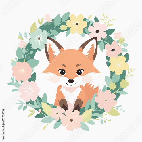 Charming Fox in Floral Wreath