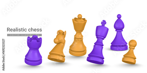 Colorful Chess Pieces in Modern 3D Style. Bright Purple and Yellow Strategy Game Figures Isolated on White for Education, Gaming, or Business Concept. Vector Illustration
