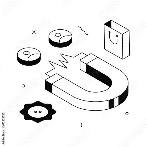 A modern isometric illustration of a powerful magnet attracting customer data, sales, and discounts