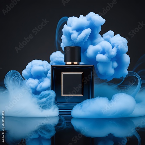 Elegant blue perfume bottle surrounded by swirling blue smoke on a dark surface
