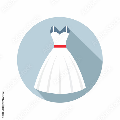 White dress with a red belt in a blue circle. Flat design illustration.