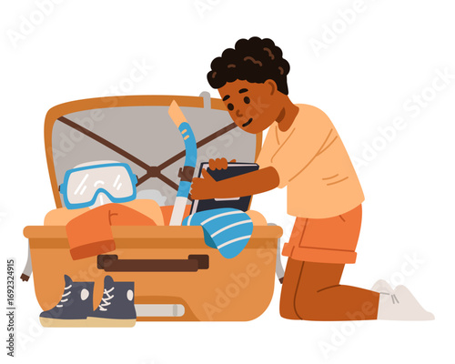 Cute happy African American boy sitting on knees and packing suitcase putting a book inside flat vector illustration isolated on white.