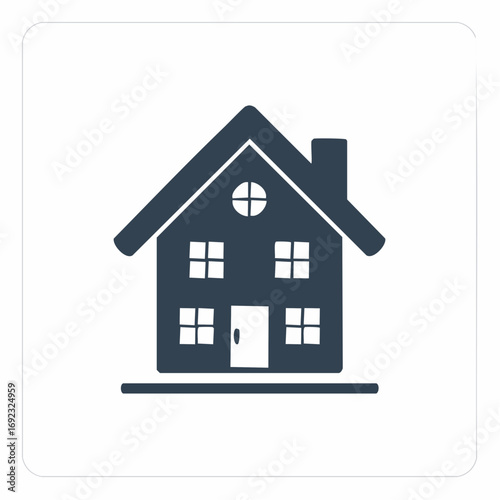 Stylized dark blue house icon with a chimney and a circular window