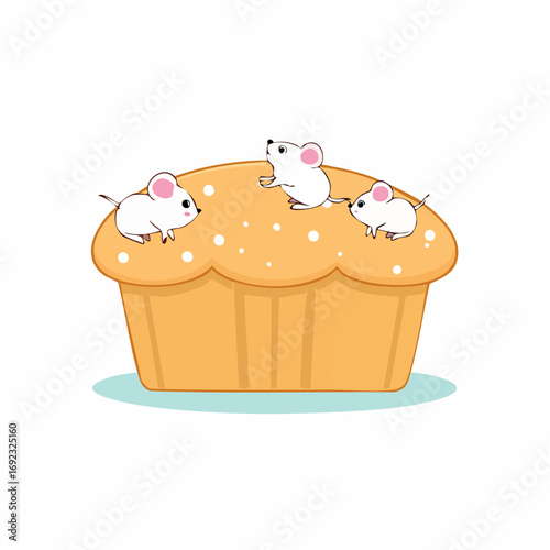 Cute cartoon mice climbing on a giant delicious yellow cupcake with sprinkles illustration