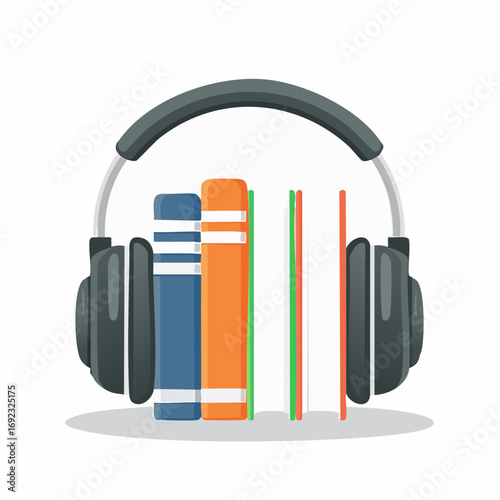 Vector illustration of headphones over a stack of colorful books for audiobook listening and online education