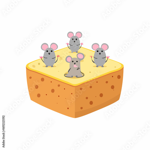 Four adorable grey mouse characters happily standing on top of a large yellow cheese block