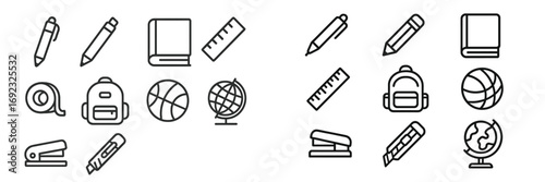 School supplies line art set with pen, pencil, book, ruler, backpack, globe, and other educational items for back to school concepts