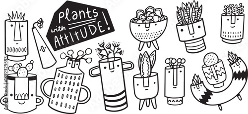 Funny Plant Doodle Vector – Cartoon Cactus, Cute Succulent, Hand-Drawn Pot, Decorative Illustration Set